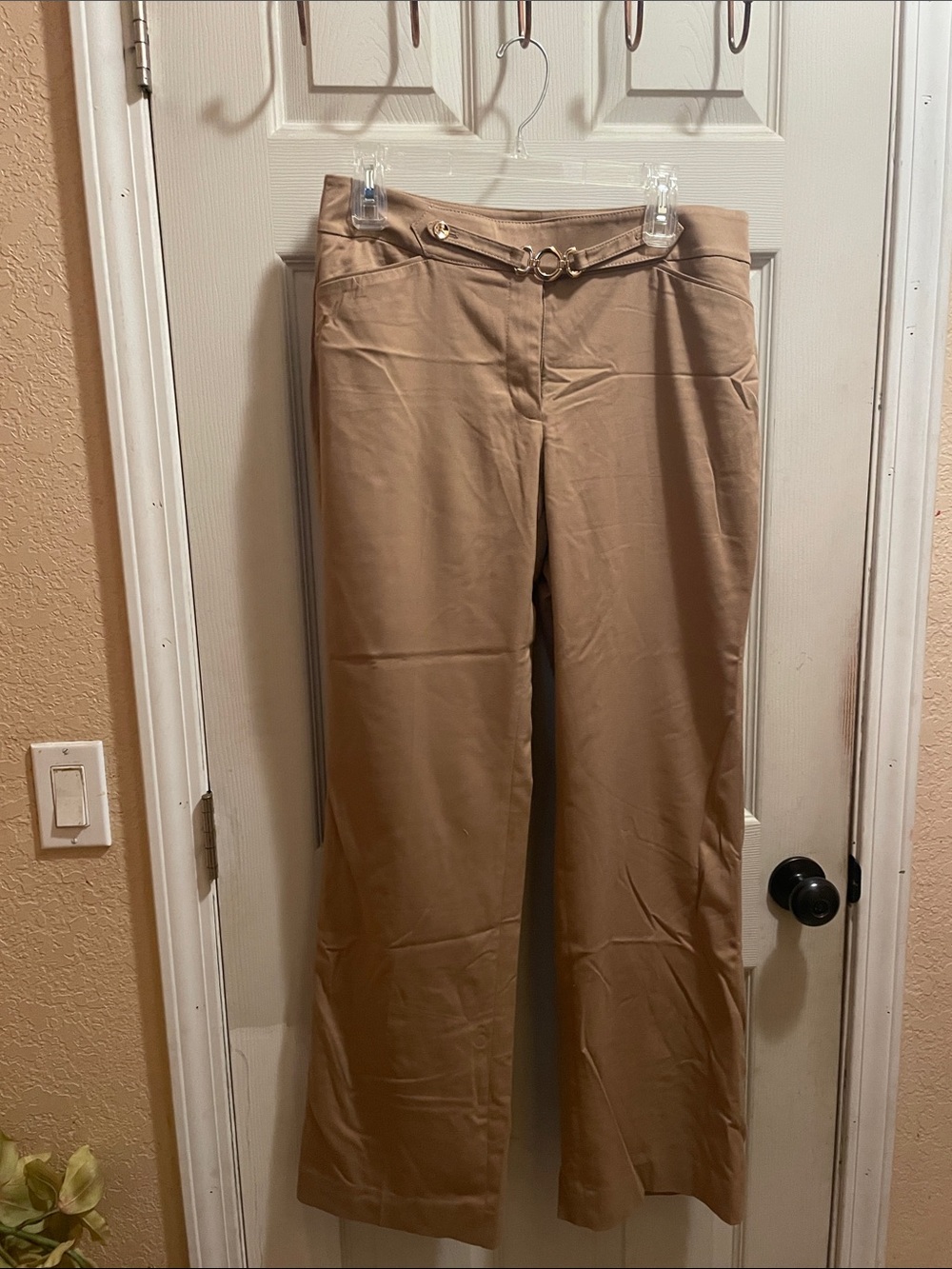 White House Black Market Tan Wide-Leg Ponte Pants with Gold Accent Belt